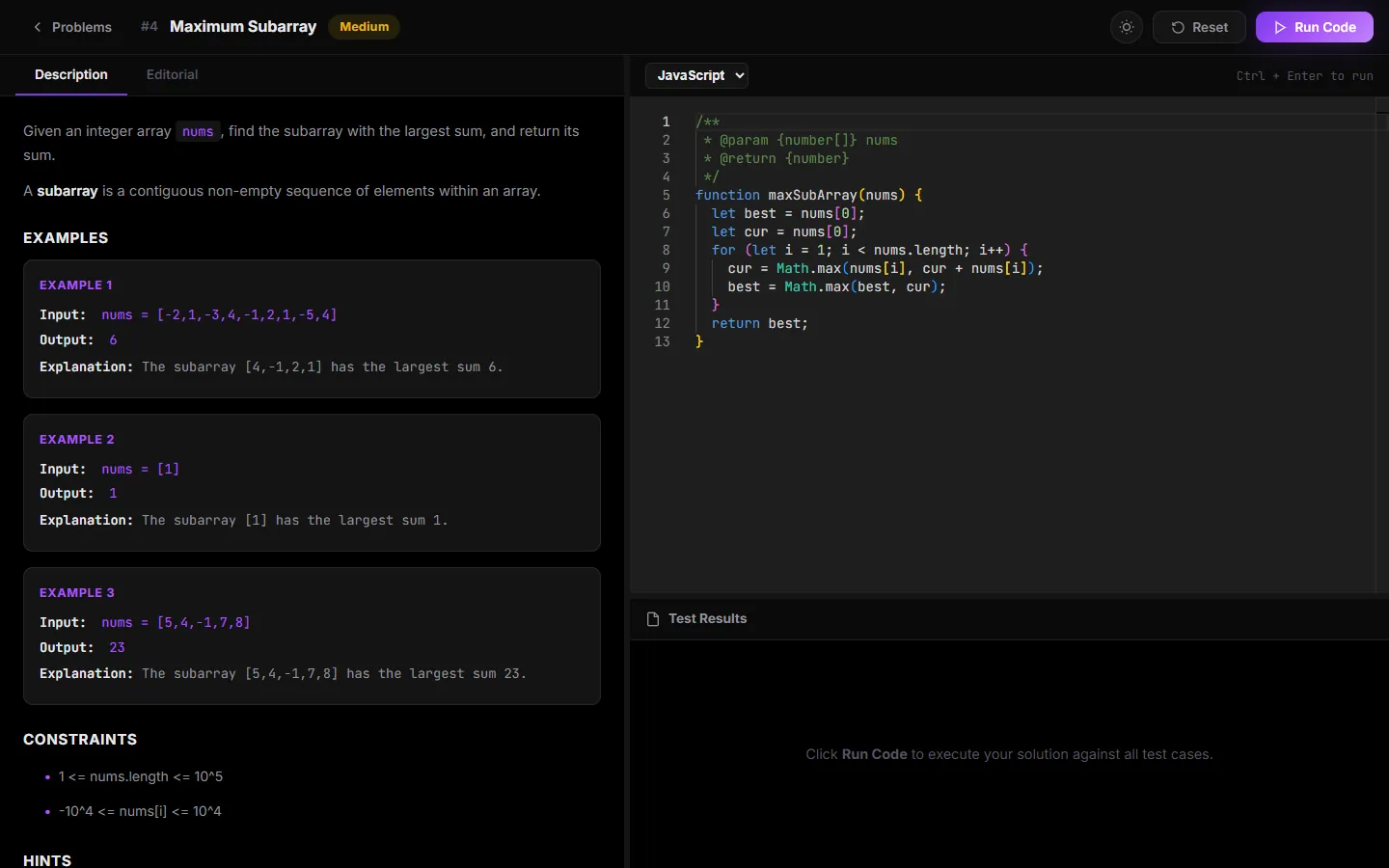 CodeArena problem page for Maximum Subarray before a run: description, examples and constraints on the left, the JavaScript editor on the right with the language picker and Run Code button above it.