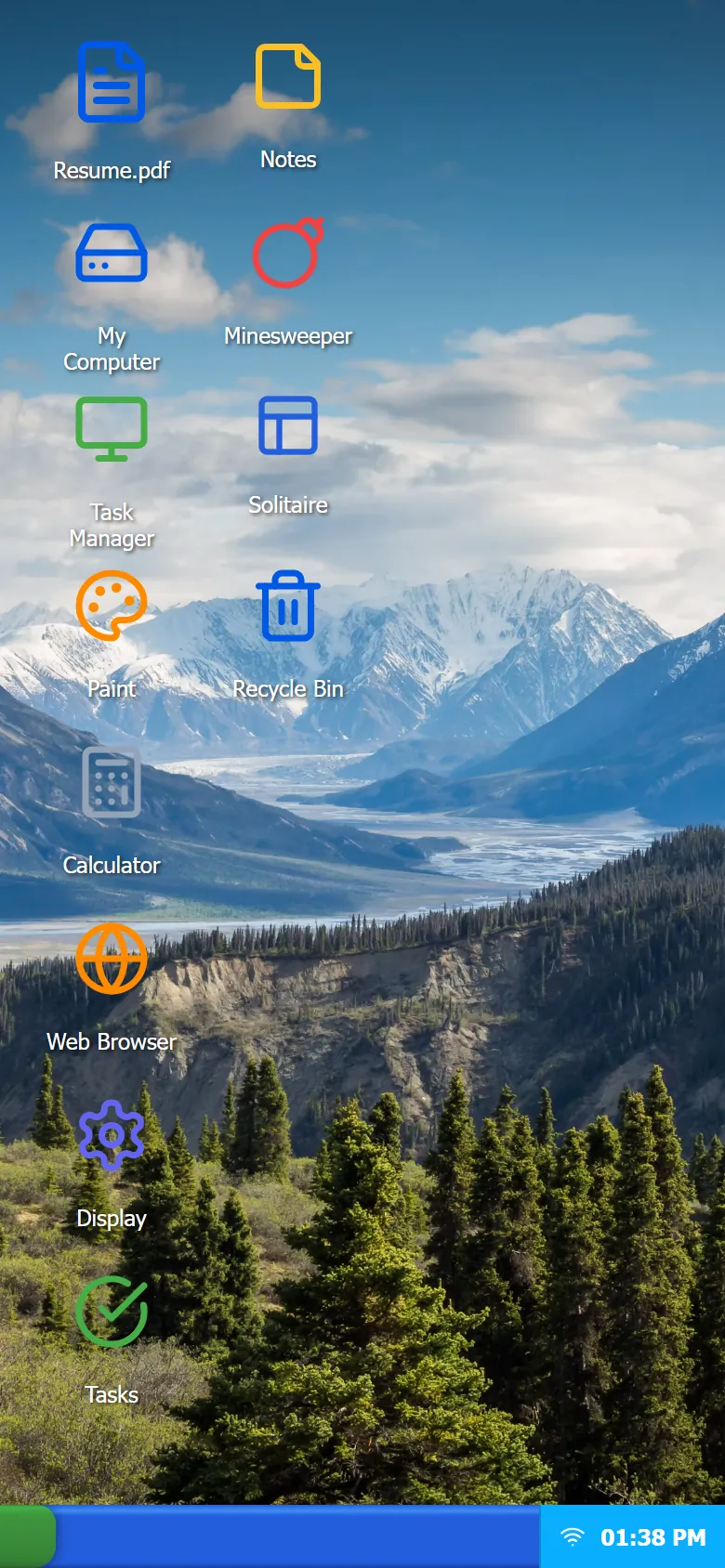 SysPulse XP on a phone: larger desktop icons in two columns over the mountain wallpaper, with the taskbar and clock along the bottom.