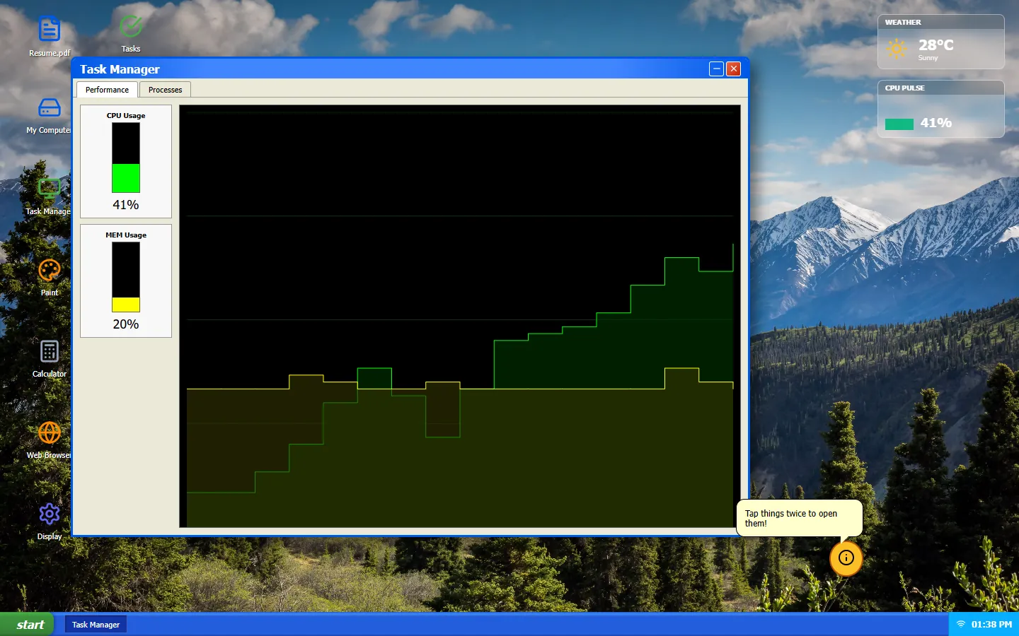 SysPulse XP desktop with a Task Manager window open on the Performance tab: CPU Usage and MEM Usage meters on the left and a stepped yellow and green history chart on a black grid, over a mountain wallpaper with the blue XP taskbar at the bottom.